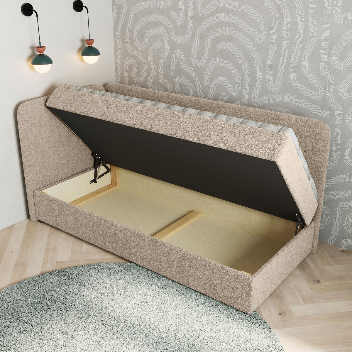 BOXBETT GINA 80x200 cm mit Matratze und Topper, H2+H3 - Beige - Beige, Holz (80/200cm) - MASSENO