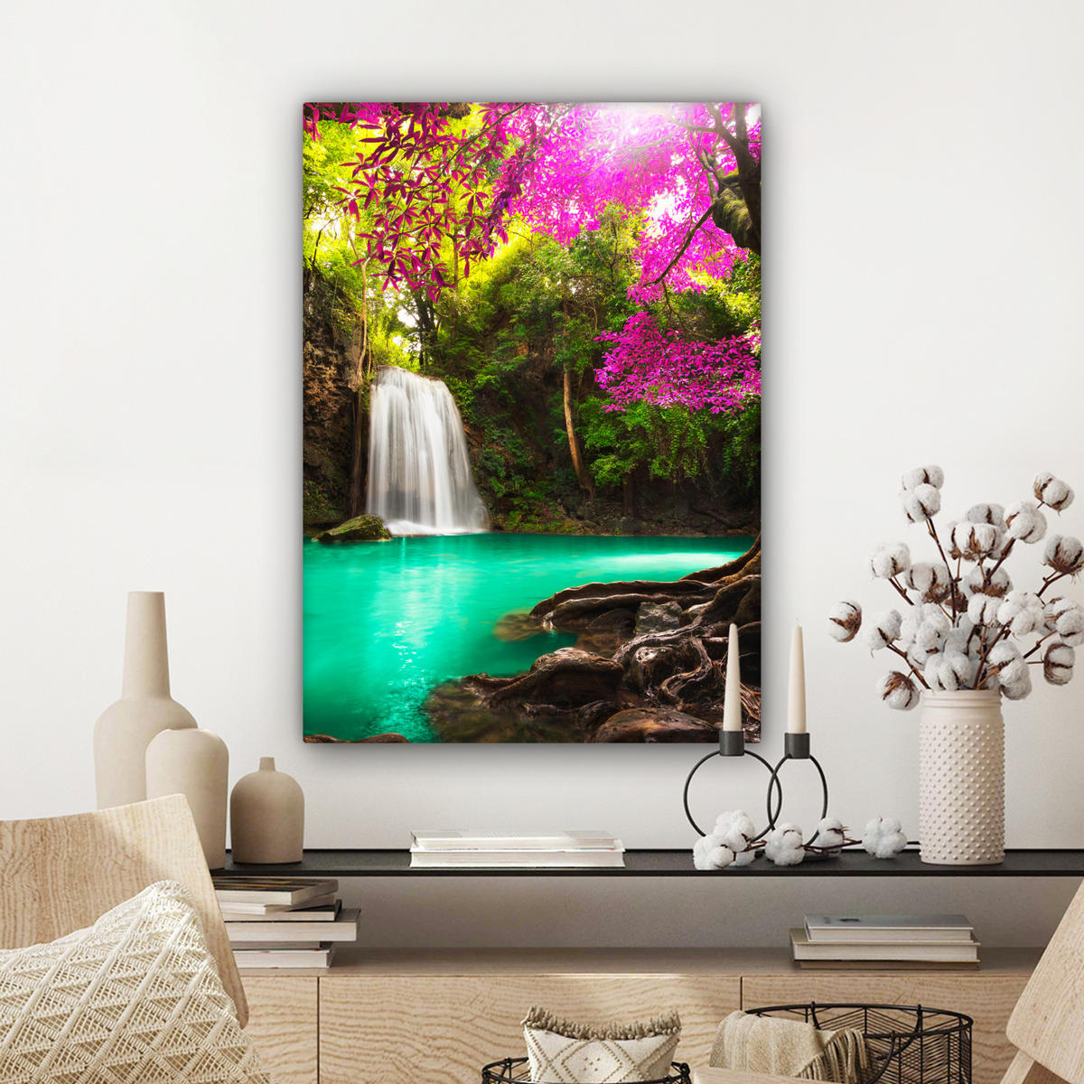 LEINWANDBILD Wasserfall mit bunten Blumen und Bäumen - Natur - Dschungel Wandbild Wohnzimmer 60x80 cm - Waldgrün, Textil (60/80cm) - MuchoWow