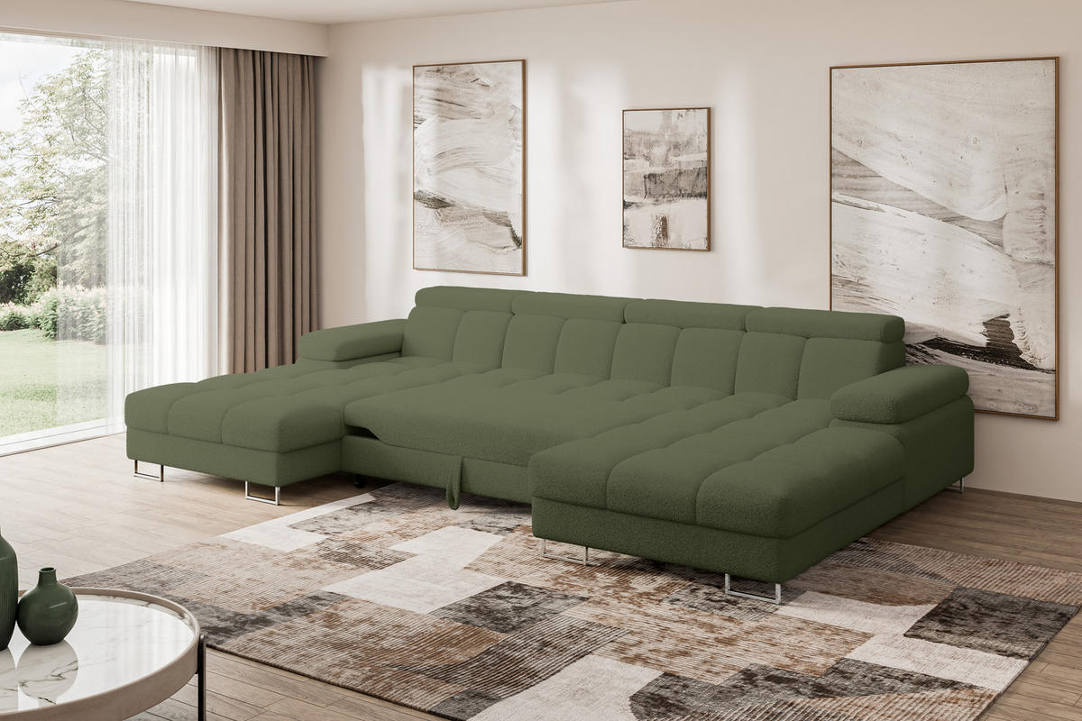 WOHNLANDSCHAFT mit Schlaffunktion und Bettkasten COMA U2 345x203x79 Grün Bouclé - Smaragdgrün, Holzwerkstoff/Textil (345/79/203cm) - ALTDECOR
