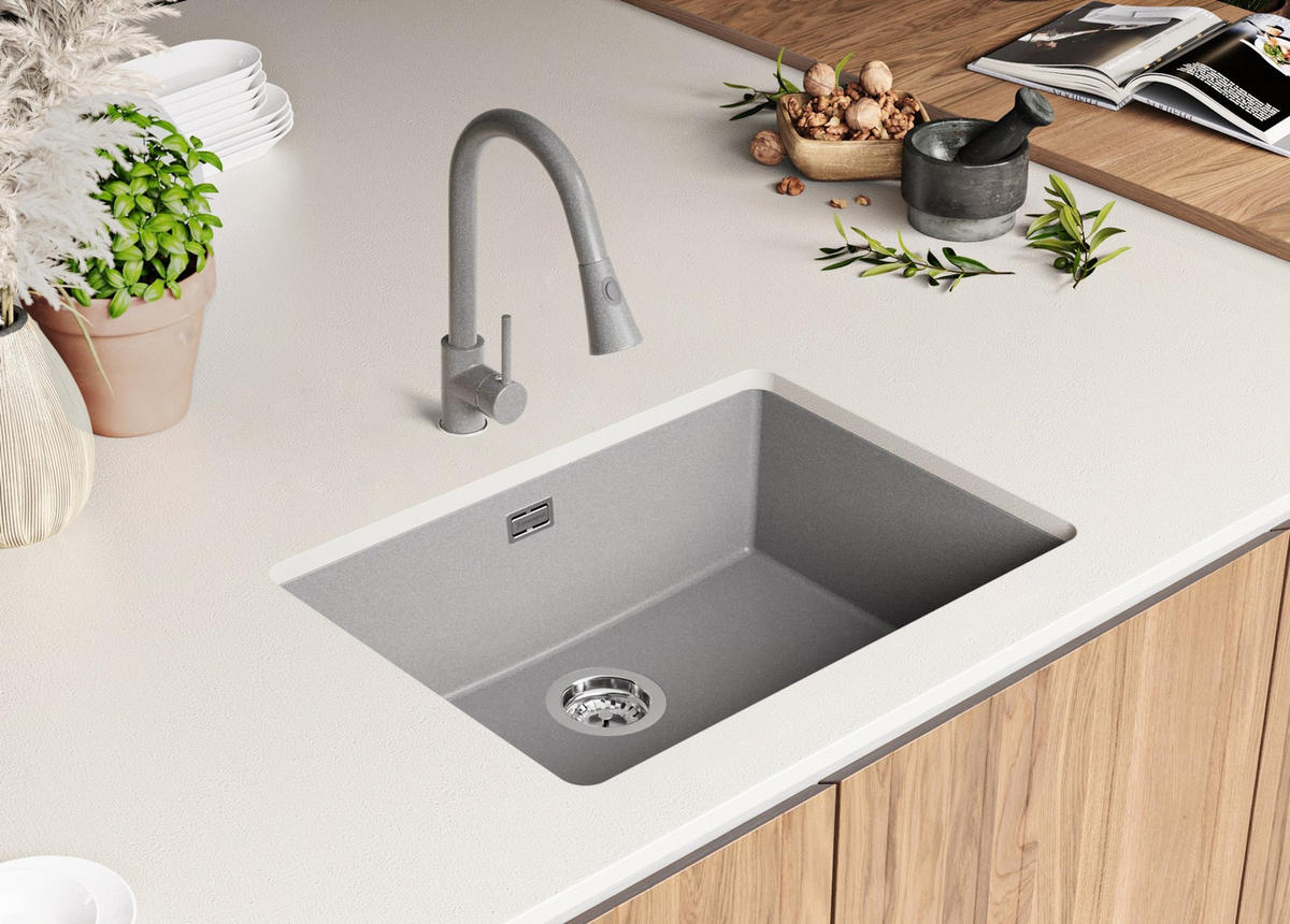 UNTERBAUSPÜLE GRANIT London, 2-er set Grau 66/47 cm 1 Becken + Küchenarmatur 38/14 cm + Ablauf-Set ab 70er Unterschrank - Chromfarben/Grau, Kunststoff (66/20/47cm) - Primagran