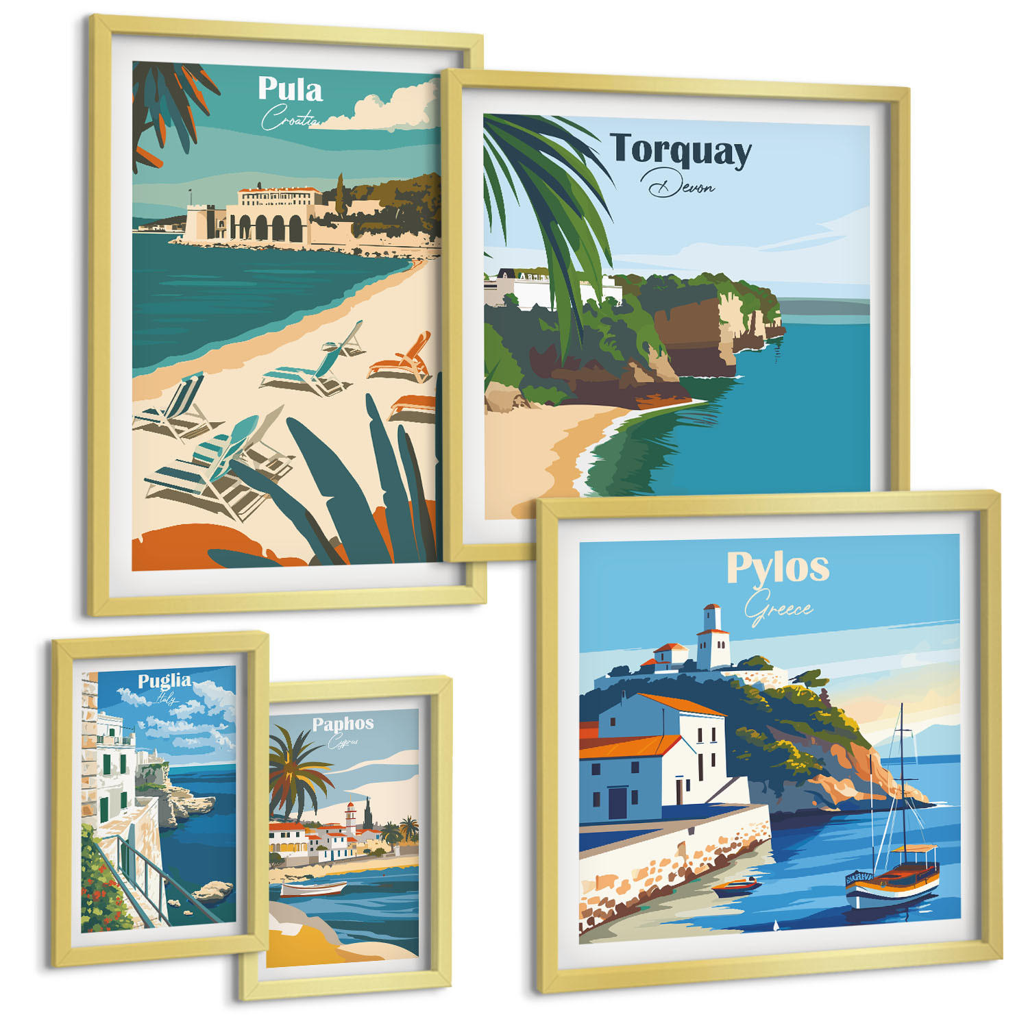 BILDER SET 5er Set - 50x50 cm & 20x30 cm & 40x60 cm Goldrahmen - Italienische Küstenstädte - Goldfarben, Kunststoff (40/60cm) - TULUP