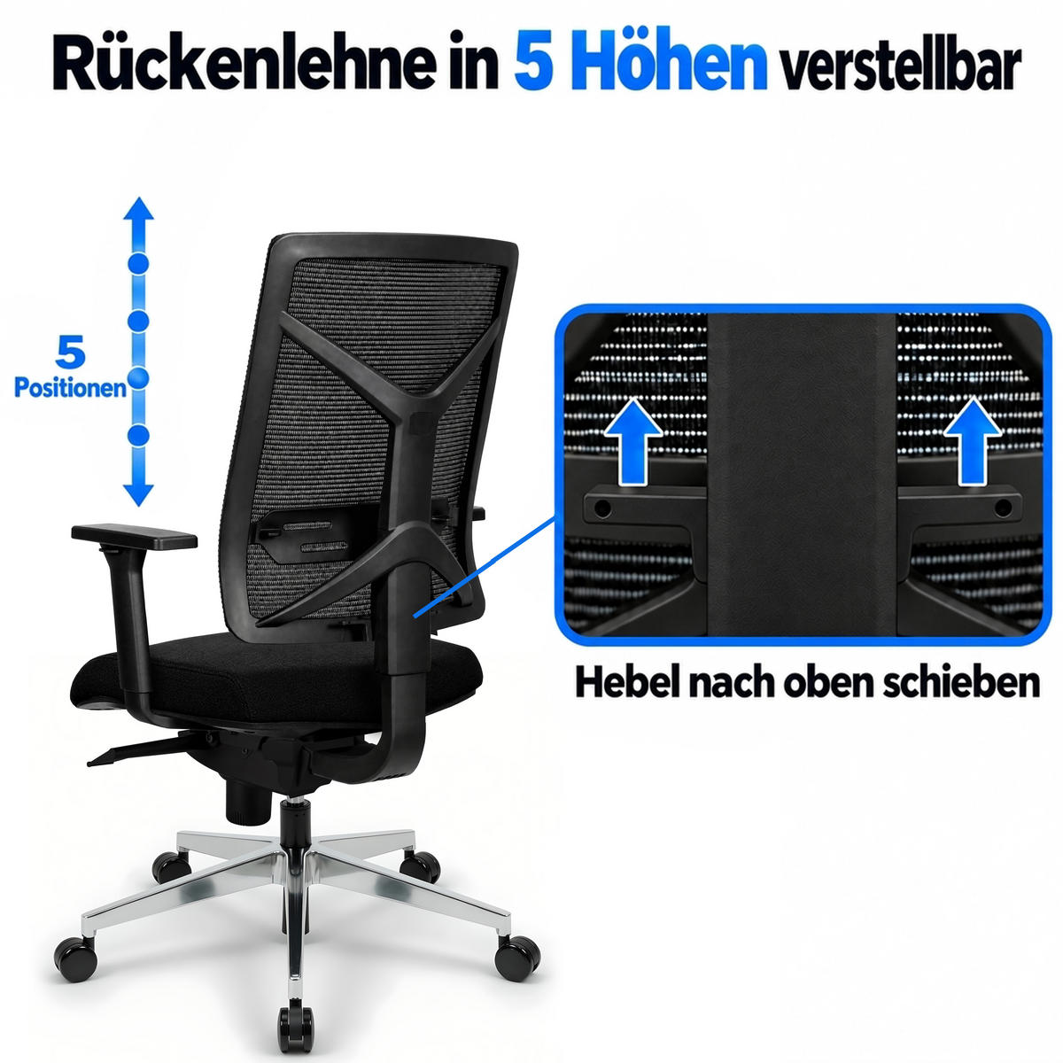 BÜROSTUHL V1801 Stoff/Mesh Schwarz - ergonomisch, 150 kg belastbar, Sitzhöhe 47-59cm - Schwarz, Kunststoff/Textil (65/105/65cm) - Versee