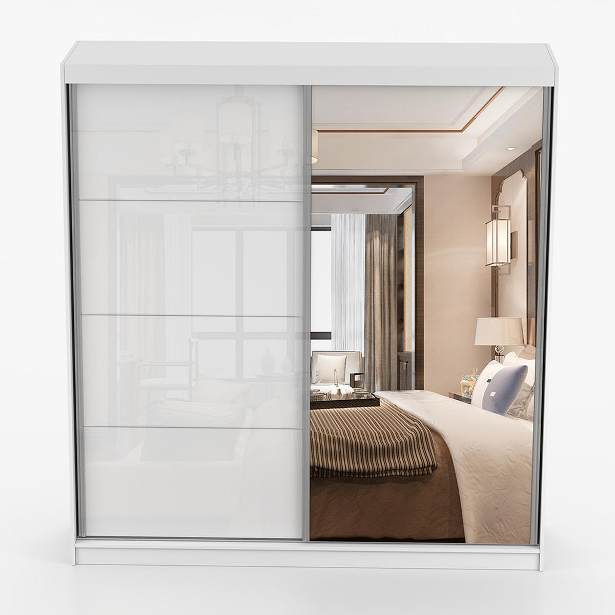 SCHWEBETÜRENSCHRANK 203/218/61cm 2-türig Pola 35 Weiß,Weiß Semigloss - Alufarben/Weiß, Glas/Holzwerkstoff (203/218/61cm) - imoebel24