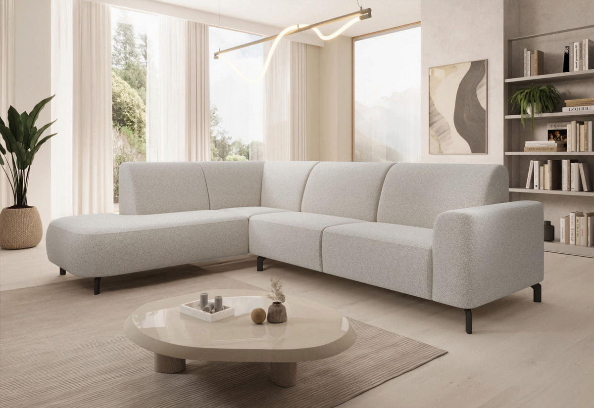 ECKSOFA Lununa Creme mit Armlehne, Bouclé, Ottomane links - Taupe/Schwarz, Textil/Metall (277/218cm) - Selsey
