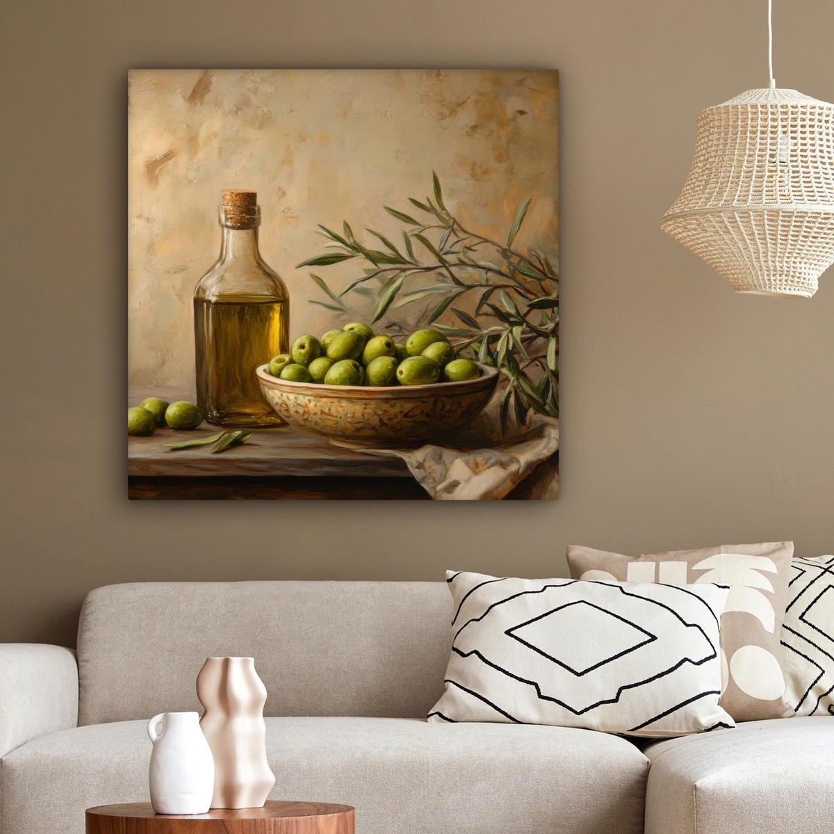 LEINWANDBILD Oliven - Stilleben - Vintage 90x90 cm - Olivgrün, Textil (90/90cm) - MuchoWow