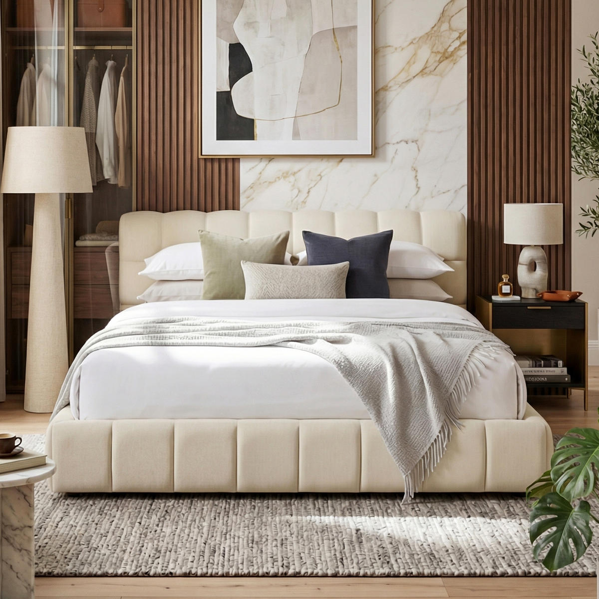 POLSTERBETT Block-Steppung 140/200 cm mit Stoßschutz-Rahmen Leinenoptik Beige - Beige, Textil (140/200cm) - Creahappy