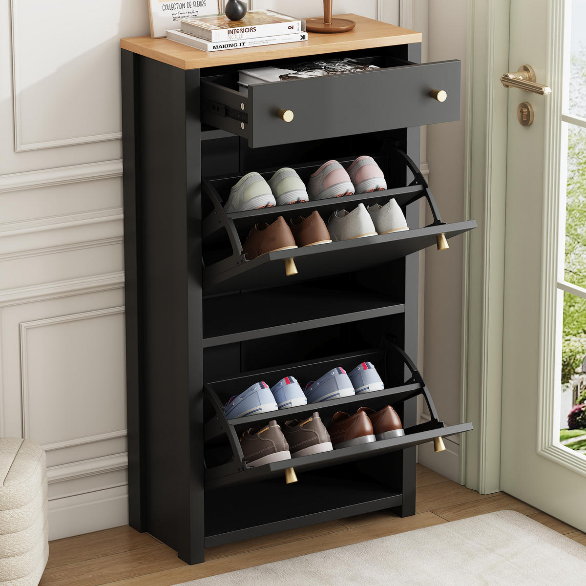SCHUHSCHRANK Schwarz Holzoptik 2 Klappen Schublade Modern - Schwarz, Holzwerkstoff (50/95/25cm) - FLIEKS