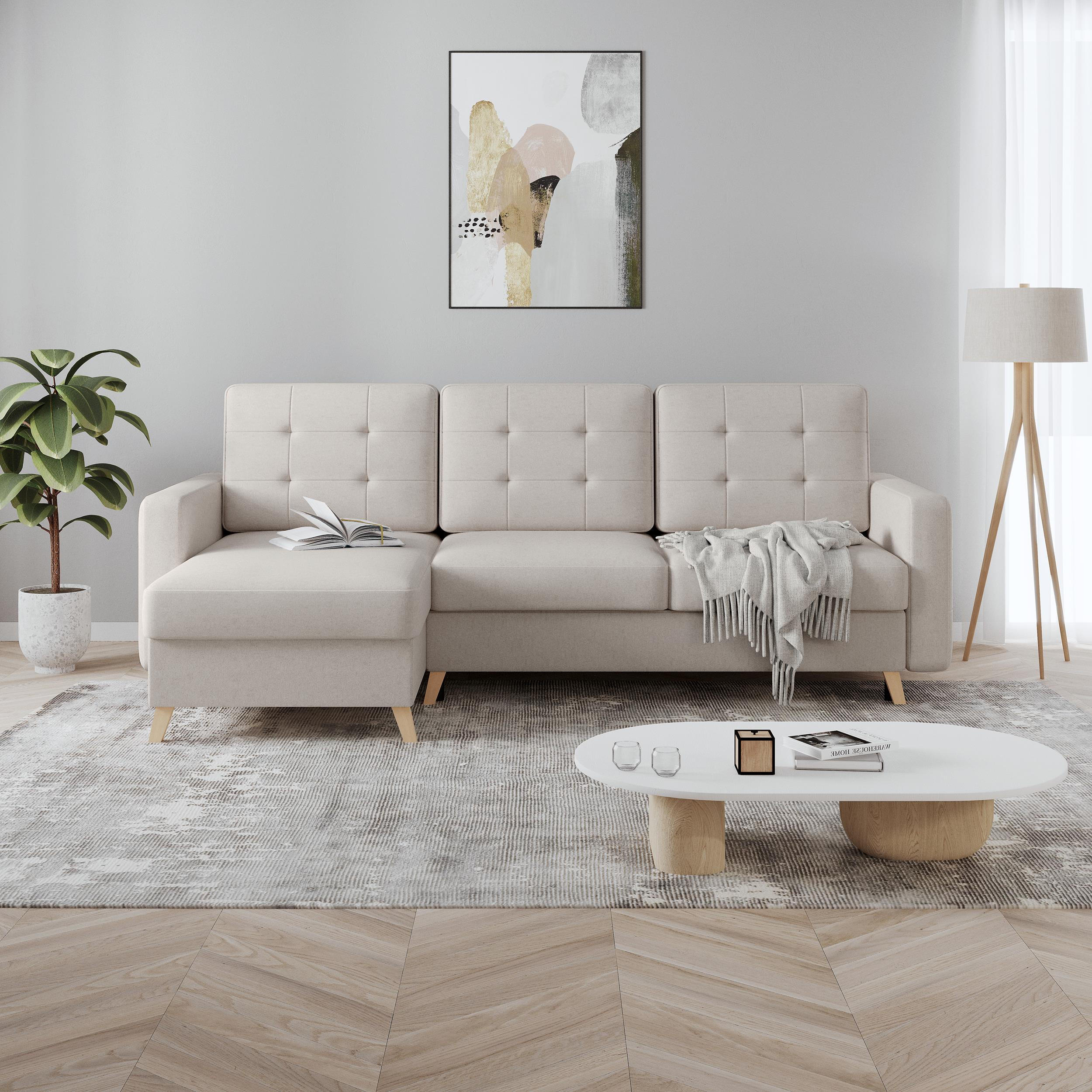 ECKSCHLAFSOFA Vinci mit universelle Ottomane, Beige - Beige/Buchefarben, Textil (236/151cm) - Beautysofa