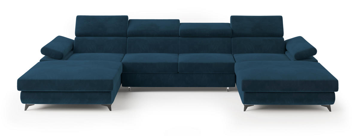 WOHNLANDSCHAFT DETTI Blau Velours-Stoff mit Schlaffunktion - Blau, Holz (339/89/190cm) - MASSENO