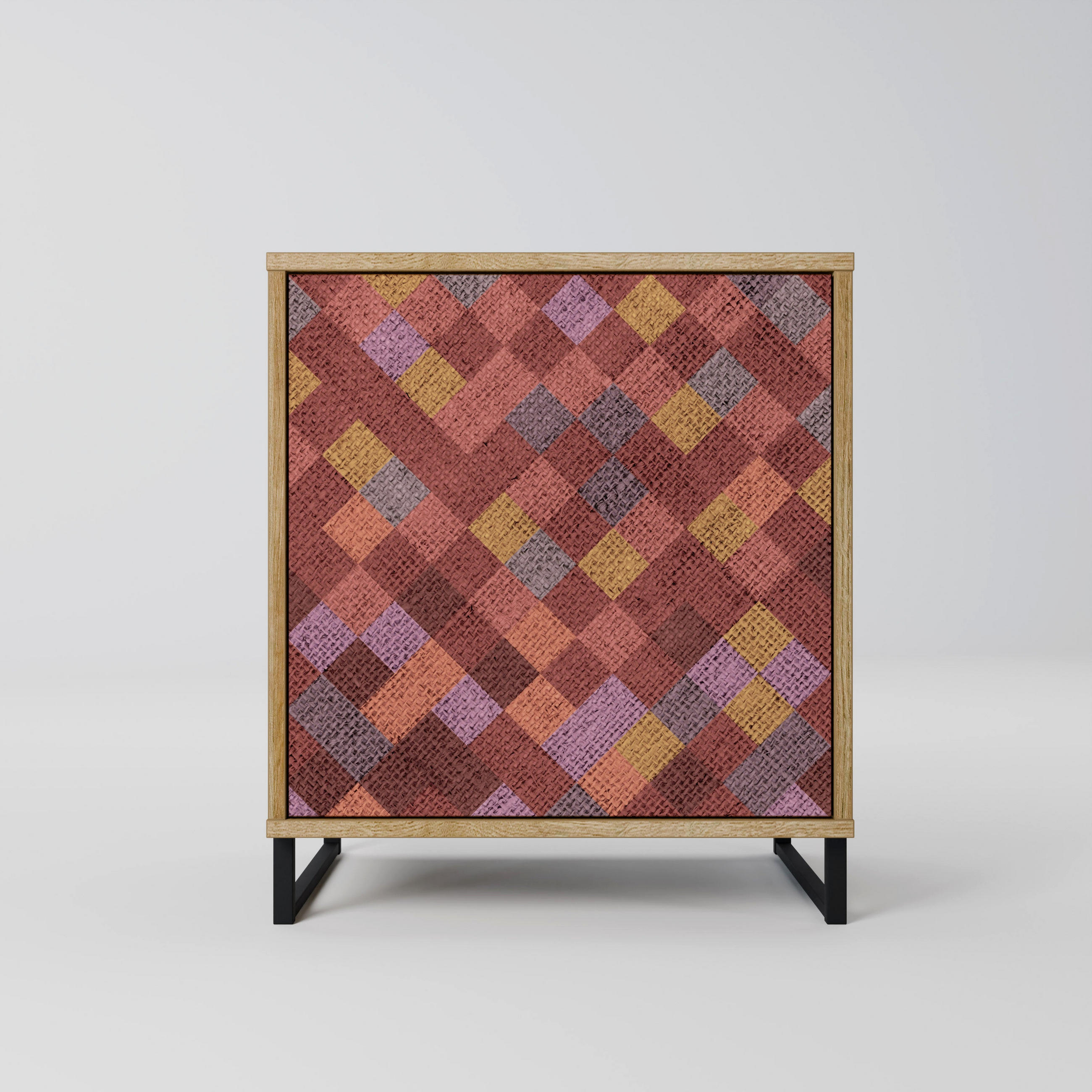 SIDEBOARD PAINTED SQUARES, Eichefarben, 57,5x42x67,5 cm, Schwarze Metall-Rahmenfüße - Eichefarben/Multicolor, Holzwerkstoff/Metall (57.5/67.5/42cm) - SpaceRebels