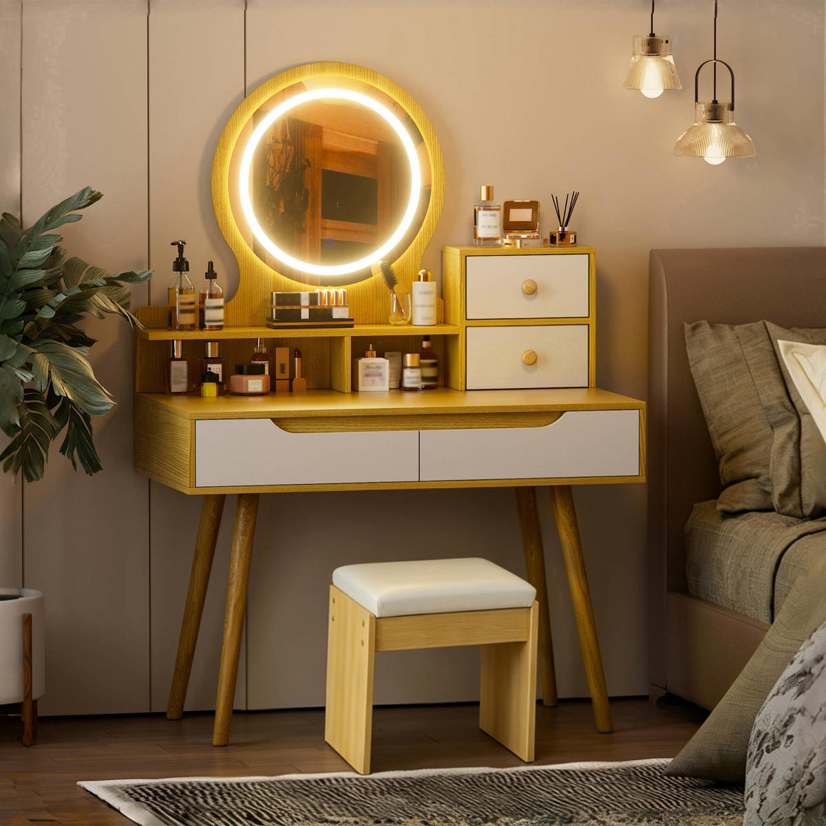 SCHMINKKOMMODE in Naturholz 80/40/135 cm aus MDF mit LED-Spiegel, Hocker, Schubladen und Stauraum - Naturfarben, Holzwerkstoff (80/135/40cm) - CHICFURN