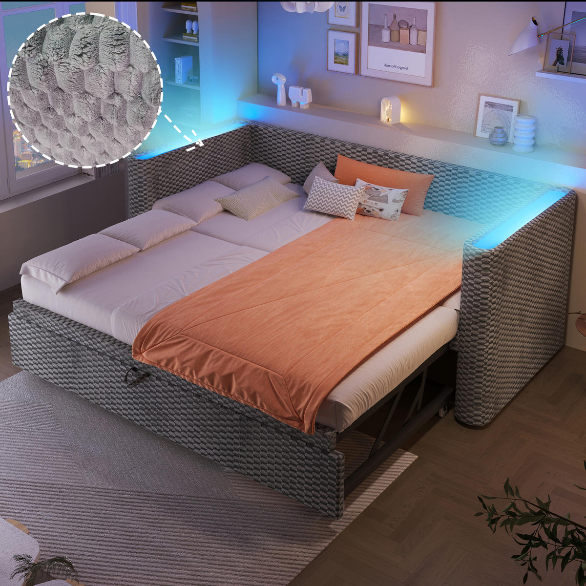 TAGESBETT ausziehbar 90x200/180x200 cm Samt Grau - Grau, Metall (90/200cm) - Meubliv