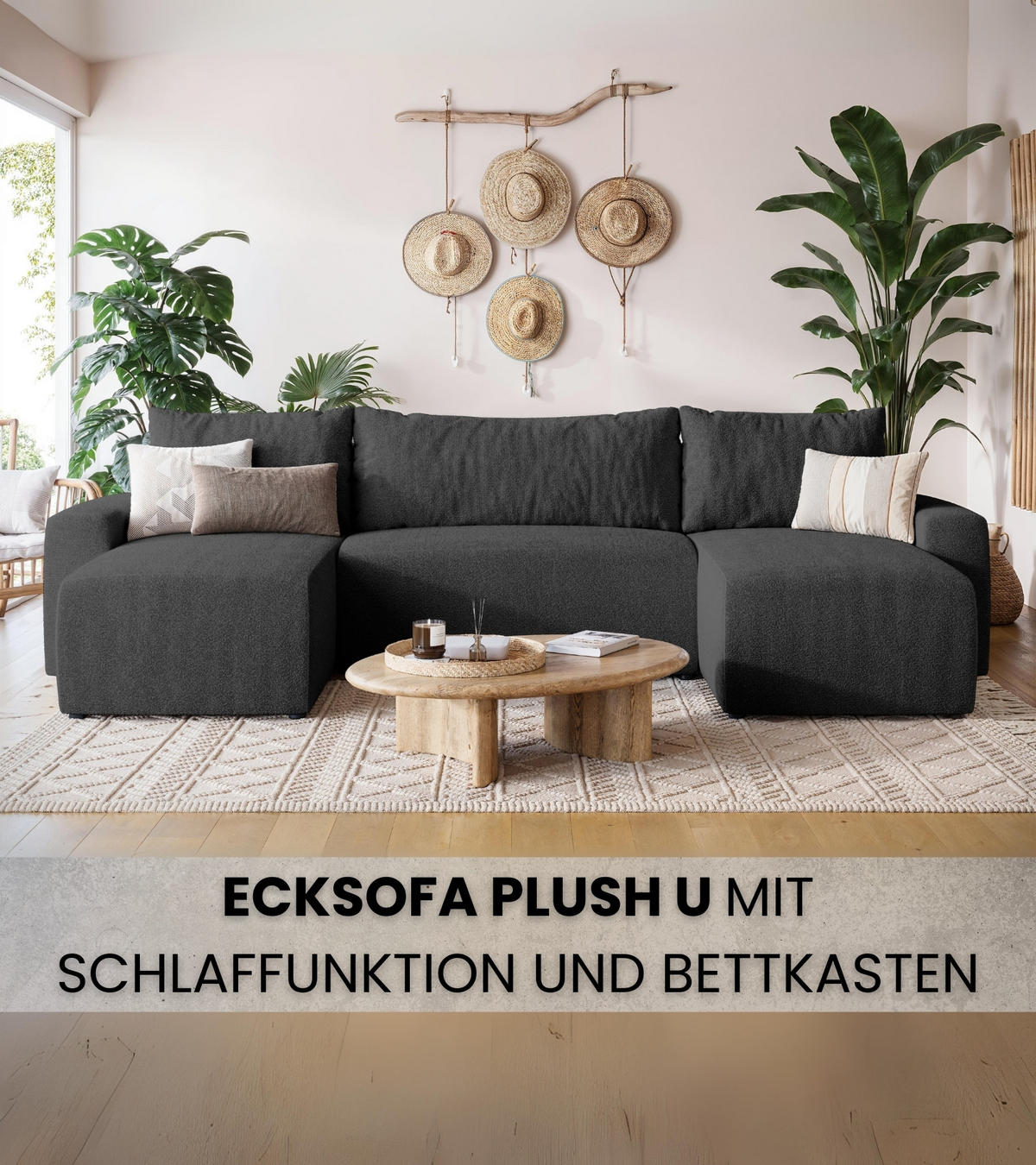 WOHNLANDSCHAFT Plush mit Schlaffunktion Anthrazit Boucle - Anthrazit, Kunststoff/Textil (315/72/145cm) - Bromarkt