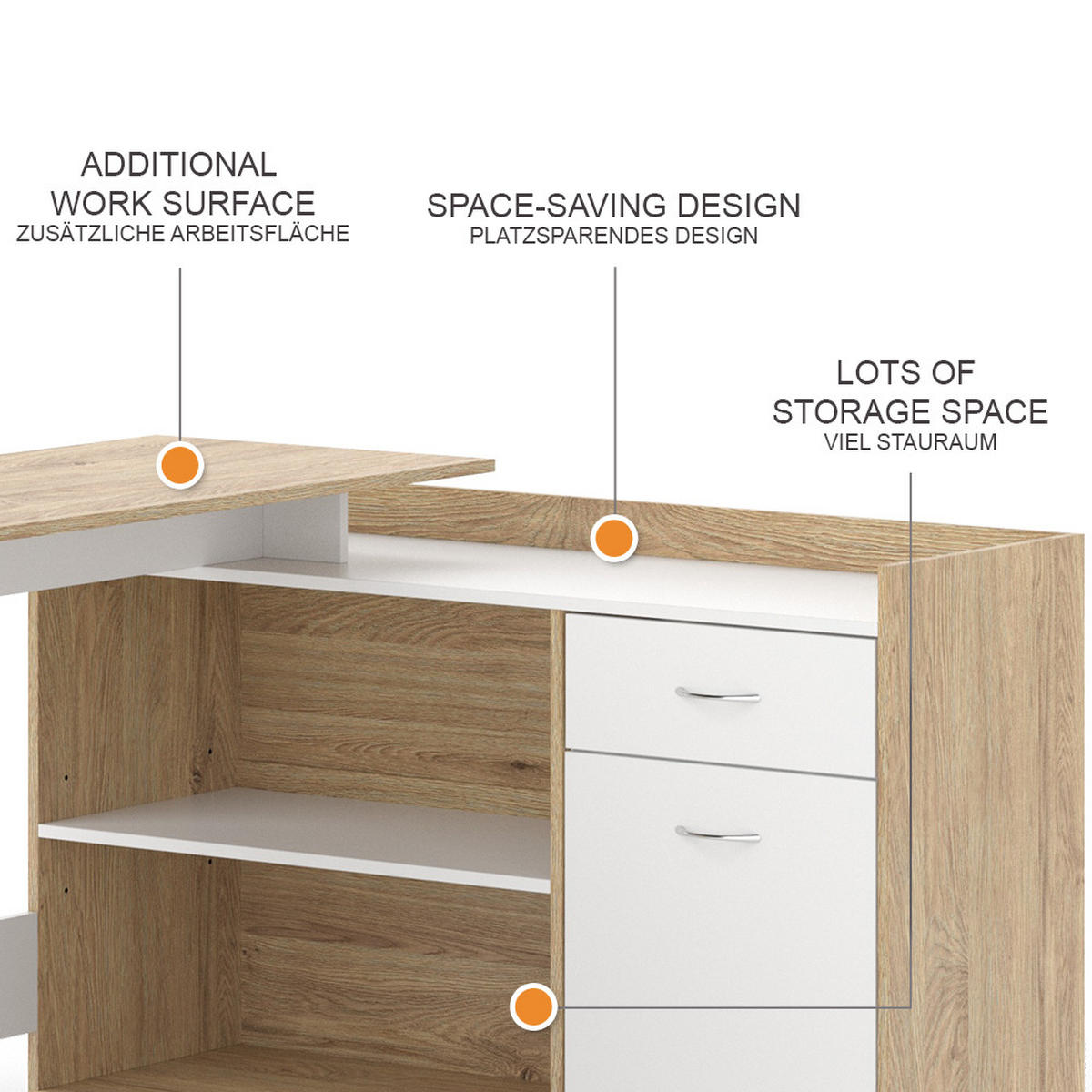 ROHOVÝ PSACÍ STŮL Noira Bílá/Sonoma - bílá/Sonoma dub, kompozitní dřevo (77/135/115cm) - Vicco