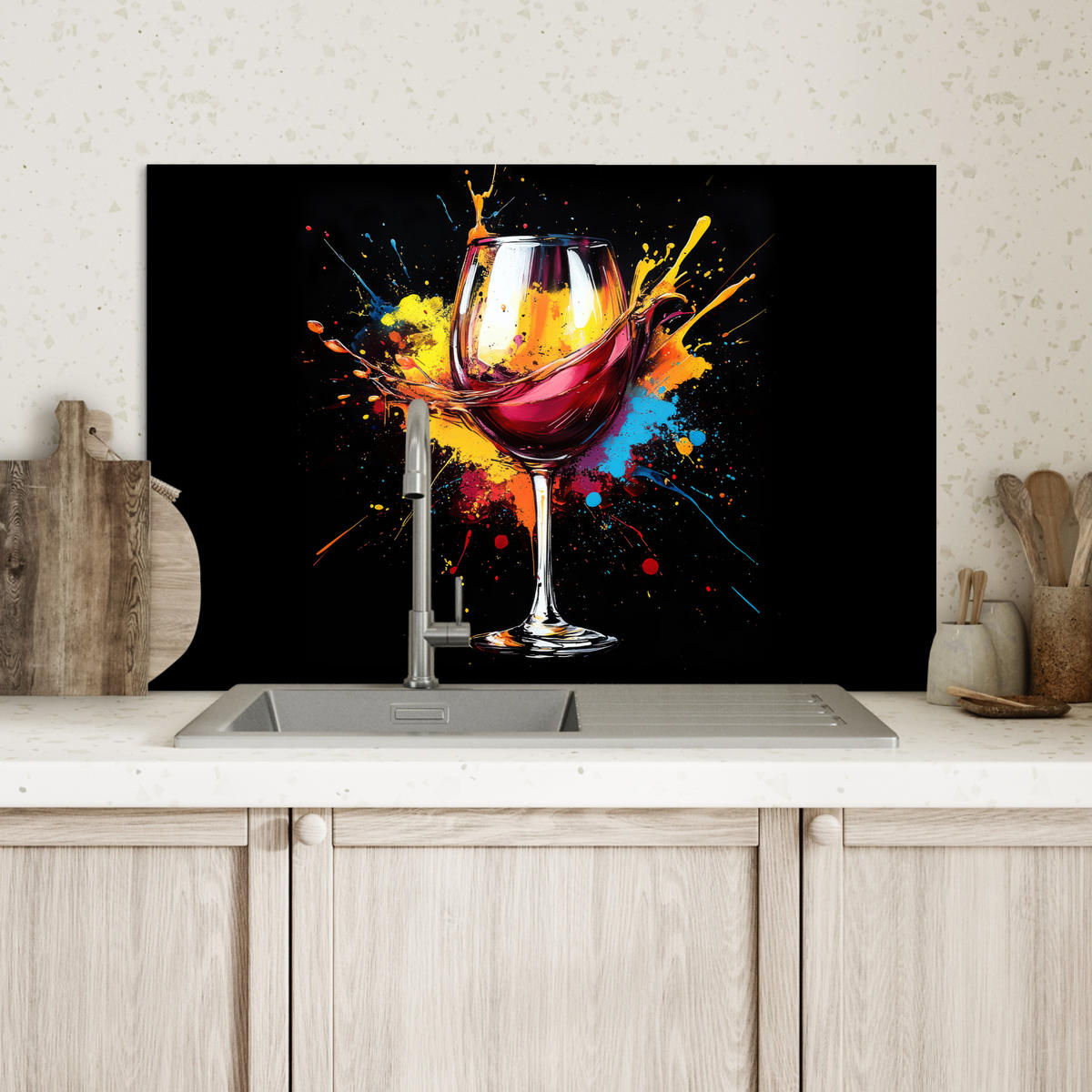 SPRITZSCHUTZ KÜCHE Wein - Glas - Graffiti - Getränk - Rot - Farbe 70x50 cm - Weinrot, Metall (70/0.3/50cm) - MuchoWow