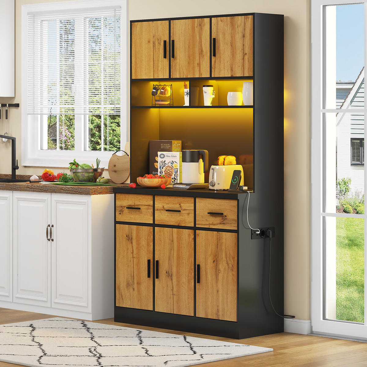 BUFFETSCHRANK aus MDF, mit LED, 3 Schubladen & Steckdosenleiste, 100/40/180 cm, Schwarz/Natur - Schwarz, Holzwerkstoff (100/180/40cm) - Modfu