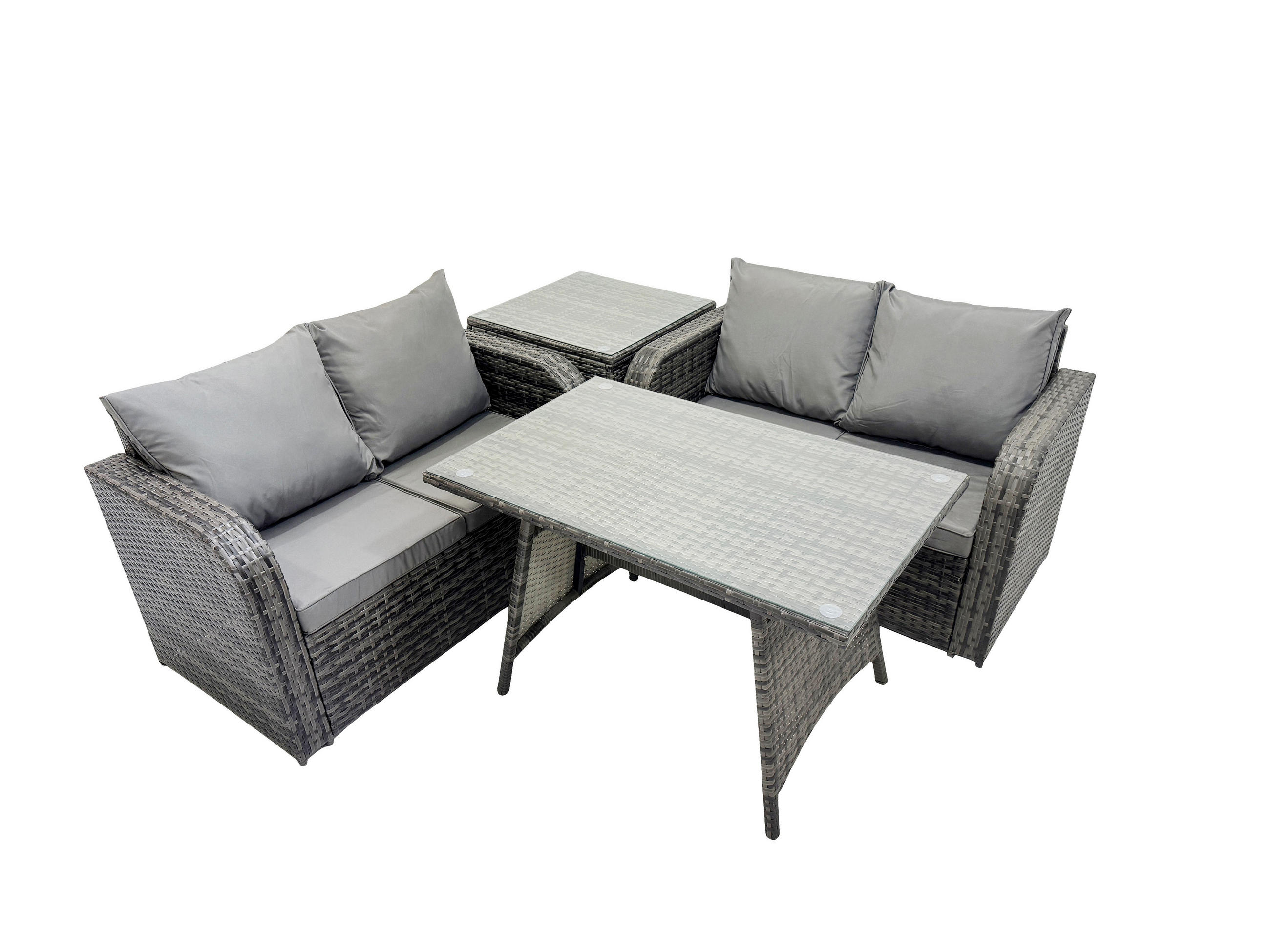 BALKONSET mit ESSTISCH SOFA Polyrattan Dunkelgrau 4-Sitzer - Dunkelgrau/Grau, Glas/Kunststoff - Fimous