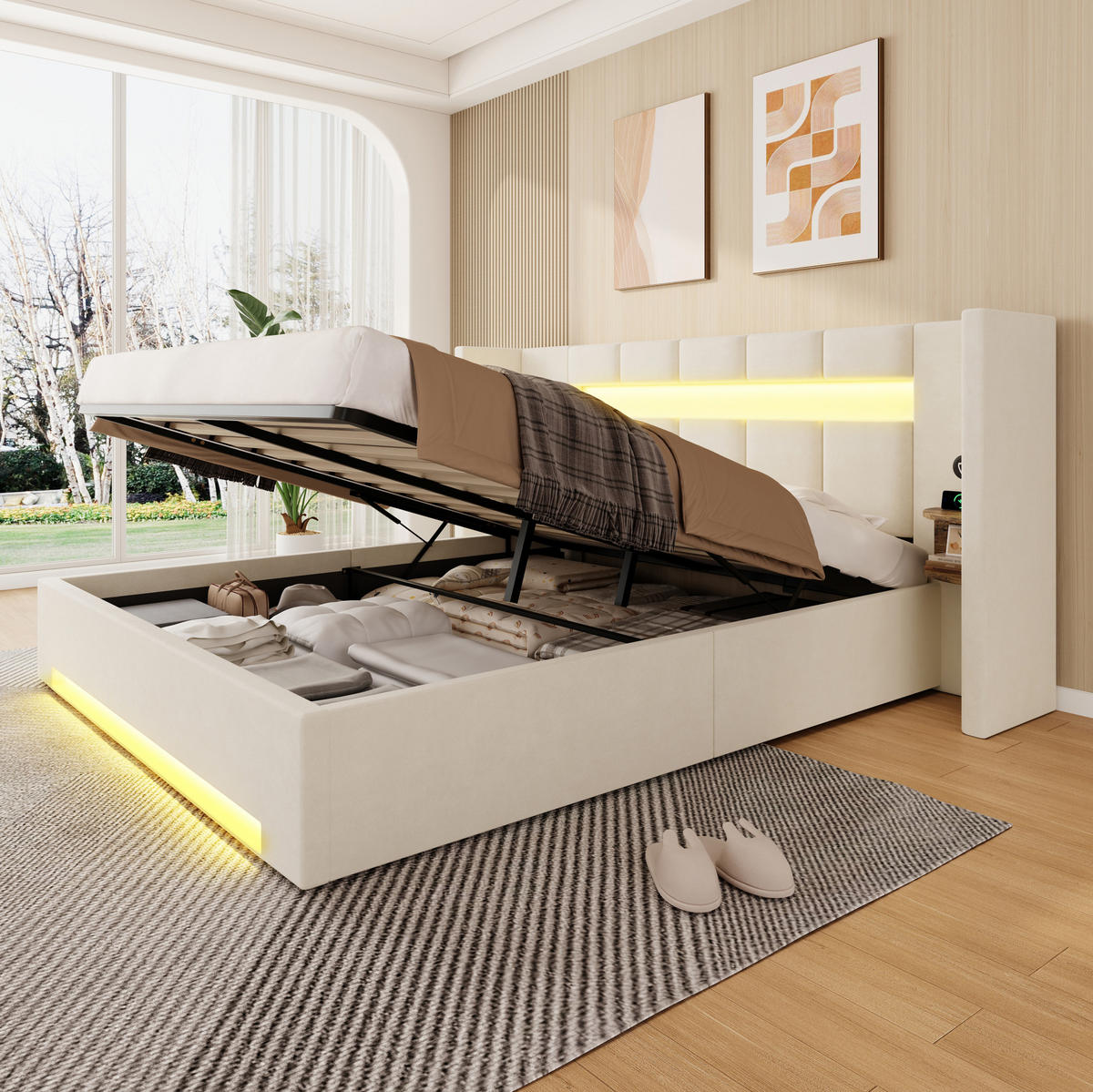 POLSTERBETT 160/200 cm mit USB-Anschlüssen, LED-Beleuchtung, Hydraulik und Stauraum, Beige - Beige, Textil (160/200cm) - Redom