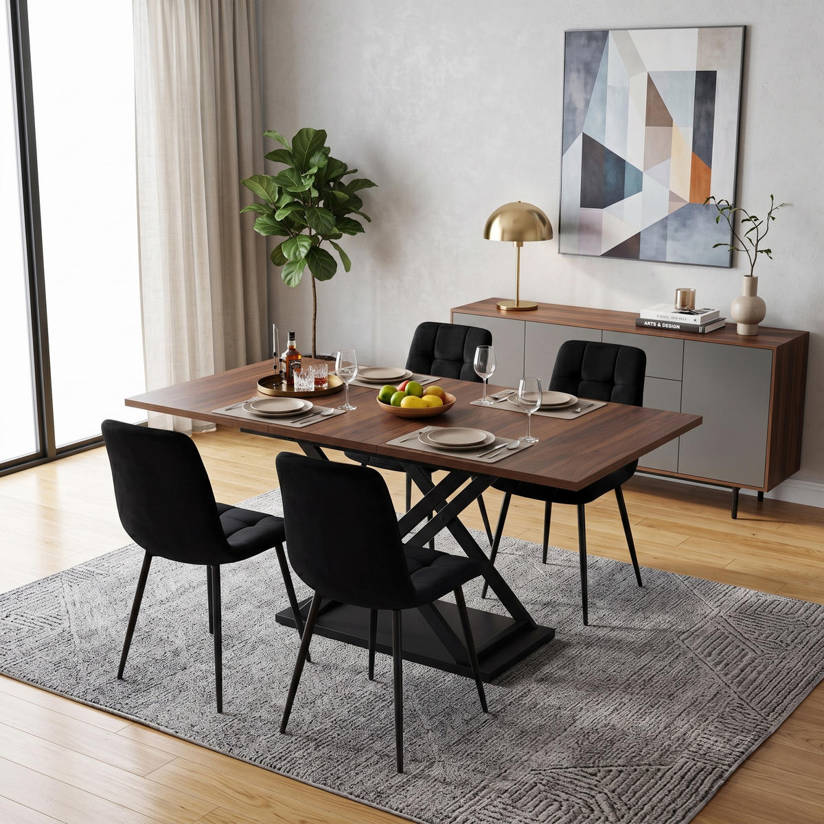 ESSGRUPPE Ausziehbarer Esstisch 120-160cm Nussbaum & 4 Samtstühle Schwarz - Walnussfarben, Holzwerkstoff (160/75/80cm) - Urban Meuble