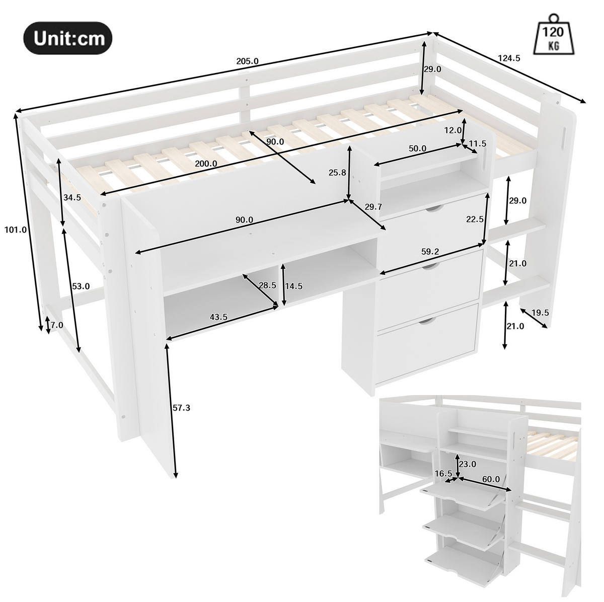 HALBHOHES Bett 90/200 cm weiß aus Kiefer mit Stauraum - Weiß, Holz (90/200cm) - OKWISH