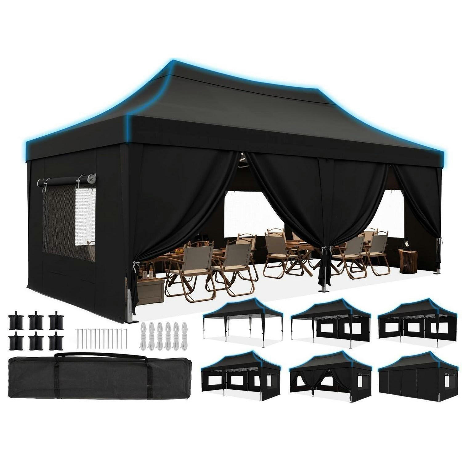 FALTPAVILLON 3x6m wasserdicht mit Seitenwänden UV-Schutz 50+ Stahlrahmen Schwarz - Schwarz, Textil (585/310/293cm)