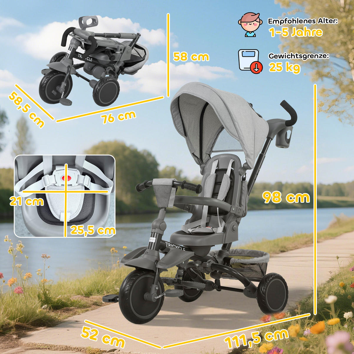 DREIRAD 6in1 mit Schubstange für 1-5 Jahre Kinderdreirad mit drehbarem Sitz Grau - Grau, Metall (111.5/52/98cm) - AIYAPLAY