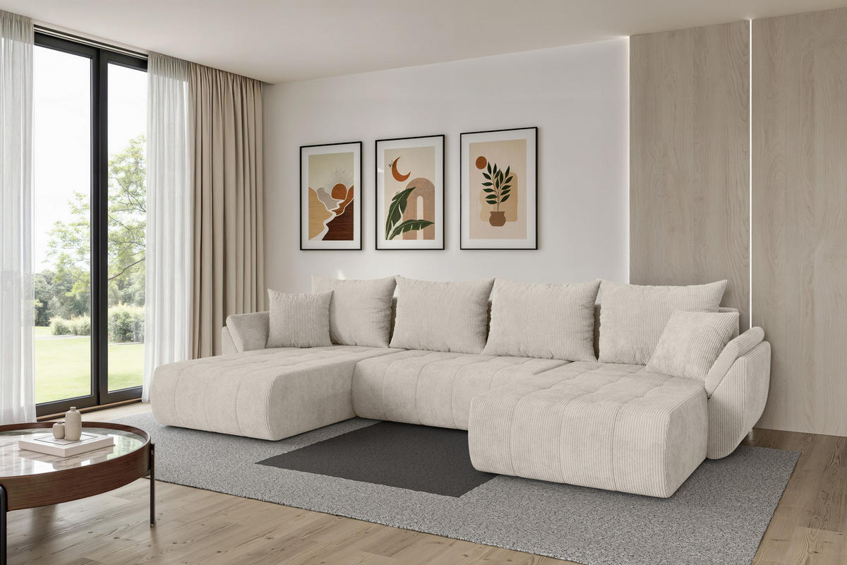 SEDACÍ SOUPRAVA DO U s funkcí spaní a úložným prostorem TOKO-U 378x194x86 krémová manšestr - černá/krémová, kompozitní dřevo/textil (378/86/194cm) - ALTDECOR
