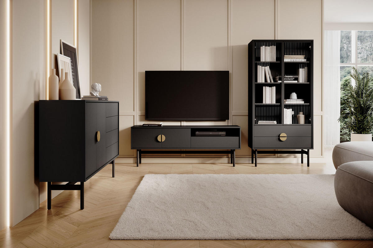 TV-SCHRANK Stoon Schwarz mit Schublade 154 cm - Goldfarben/Schwarz, Holzwerkstoff/Metall (154/57/38cm) - Selsey