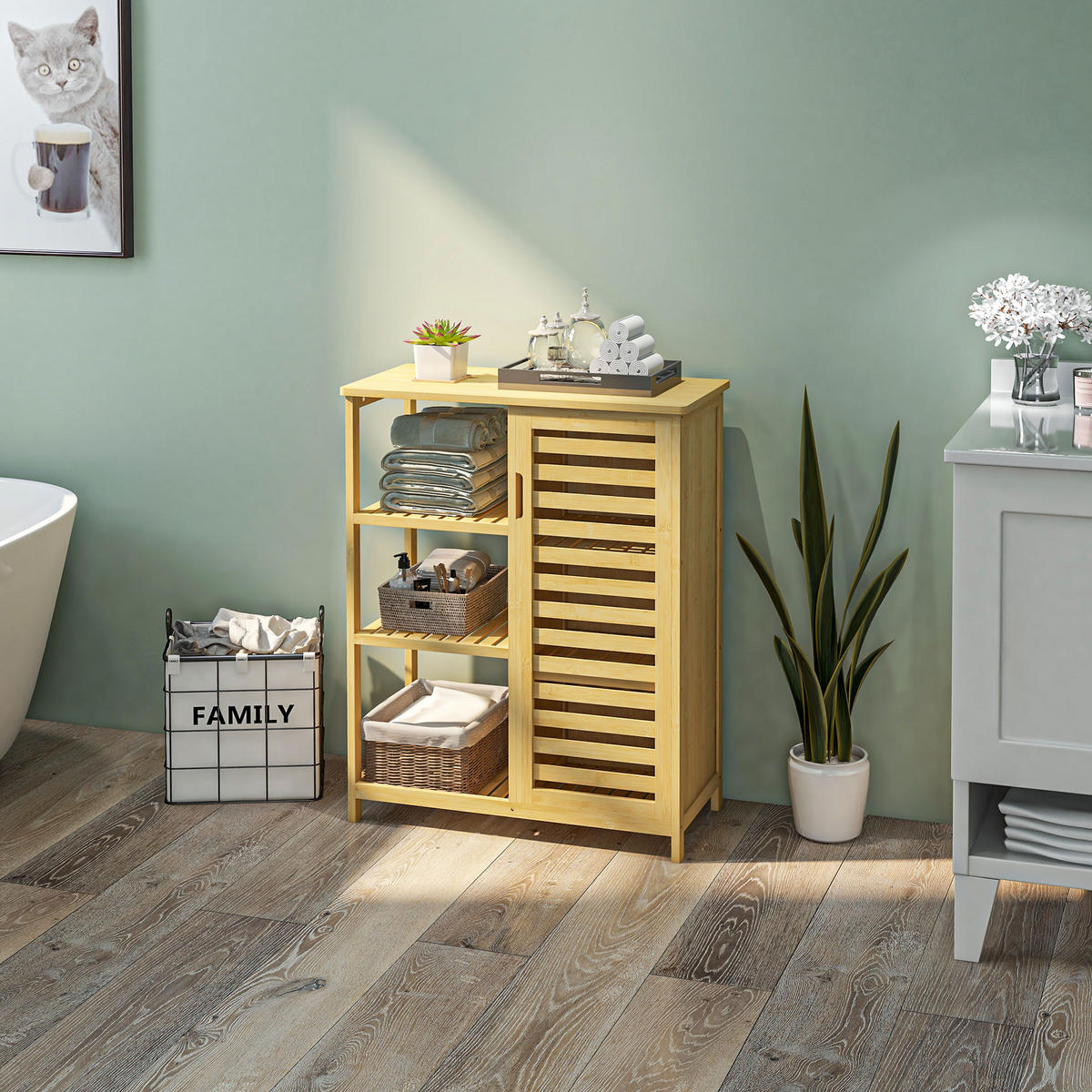 BADSCHRANK mit Schrankfach, 3 Offenen Ebenen, mit Kippschutz, Natur - Naturfarben, Holz (33/87/66cm) - Kleankin