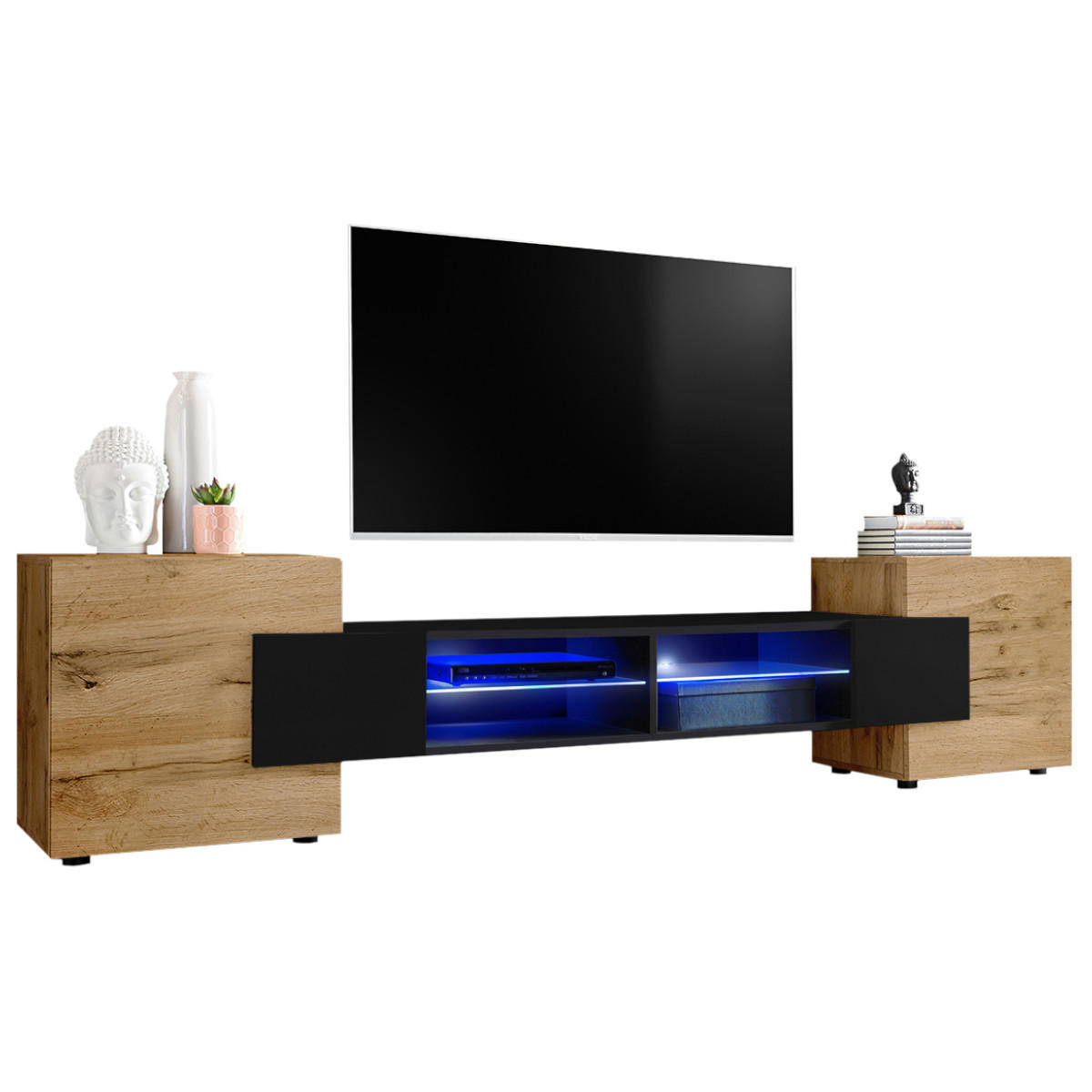 LOWBOARD MERANO Eiche Wotan, Blau LED Beleuchtung - Eiche Wotan/Schwarz, Glas/Holzwerkstoff (230/52.5/35cm) - Komodee