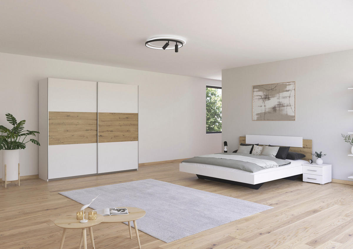 SCHLAFZIMMER Borba in Weiß und Eiche 4 teilig – mit Bettanlage 180x200cm, zwei Nachttisch und Schwebetürenschrank 218cm Breite - Weiß, Holzwerkstoff (80/200/120cm)