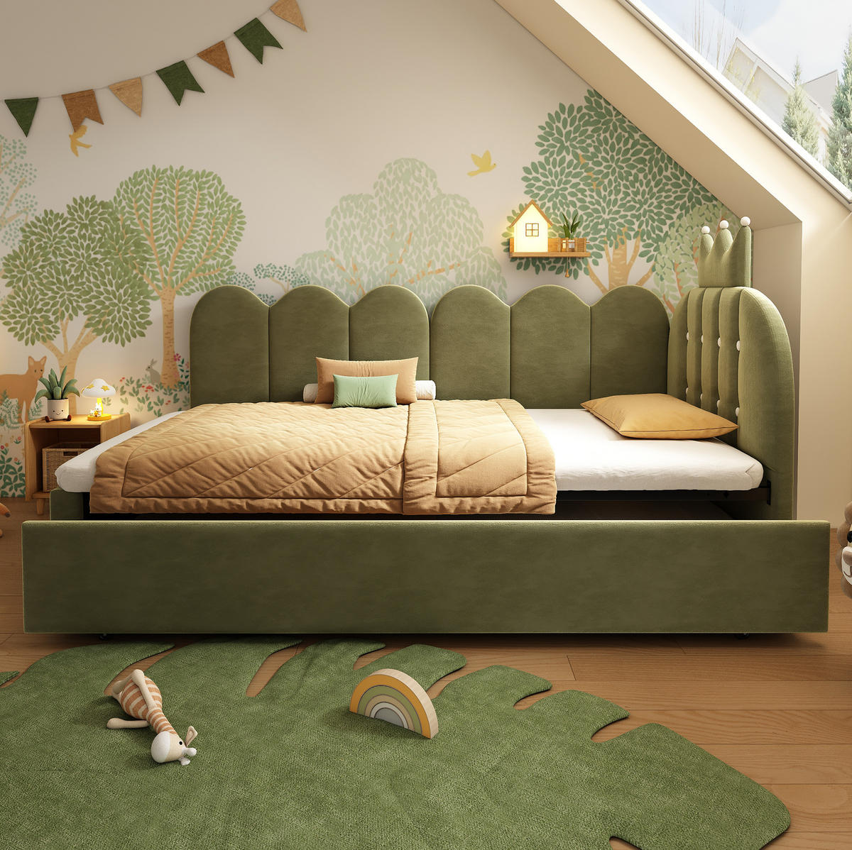 KINDERBETT aus Samt 90x200 cm Grün mit Ausziehbett und Kronen-Gitterdesign - Grün, Textil (90/200cm) - Modfu