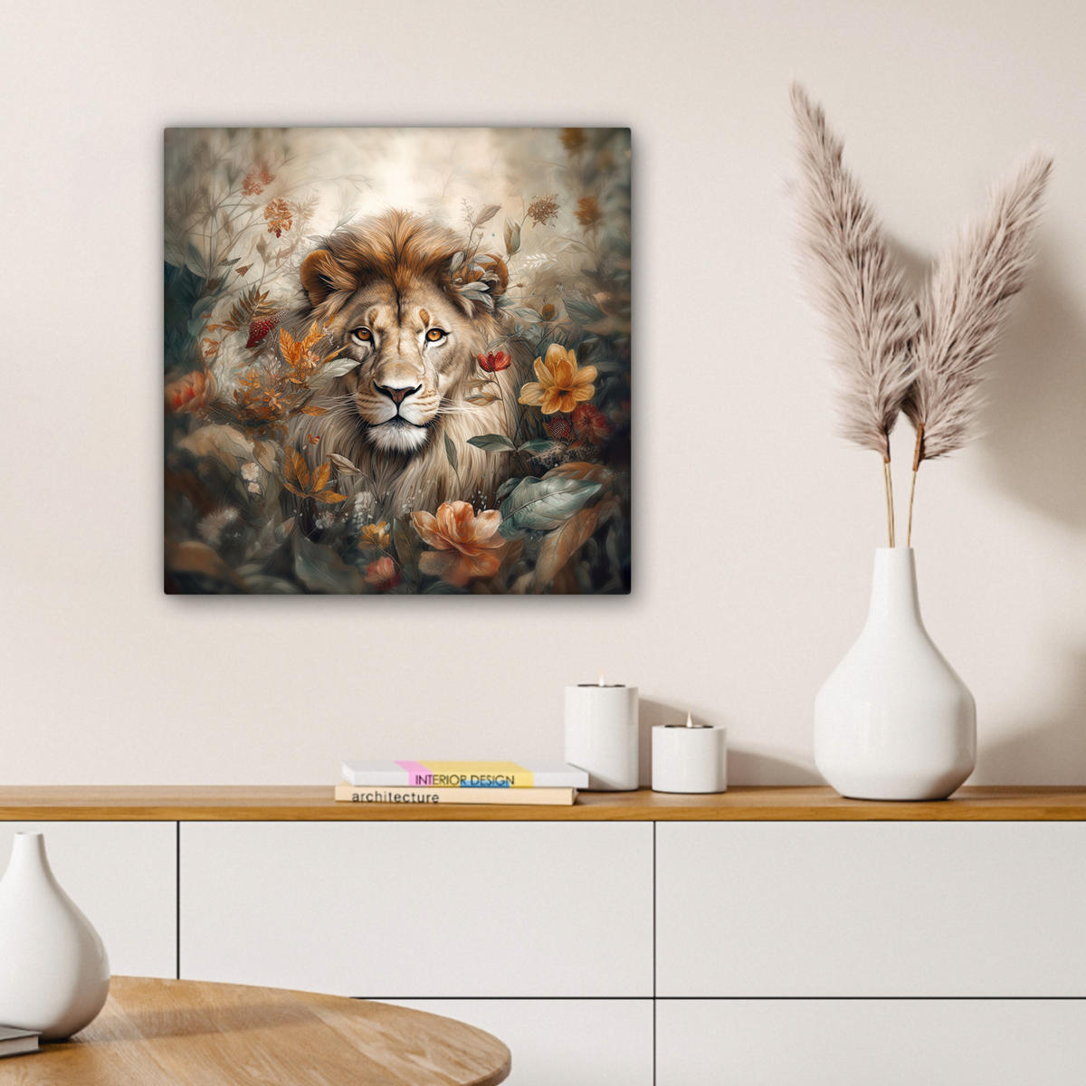 LEINWANDBILD Löwe - Wildtiere - Pflanzen - Natur - Blumen Wandbild Wohnzimmer 50x50 cm - Beige, Textil (50/50cm) - MuchoWow
