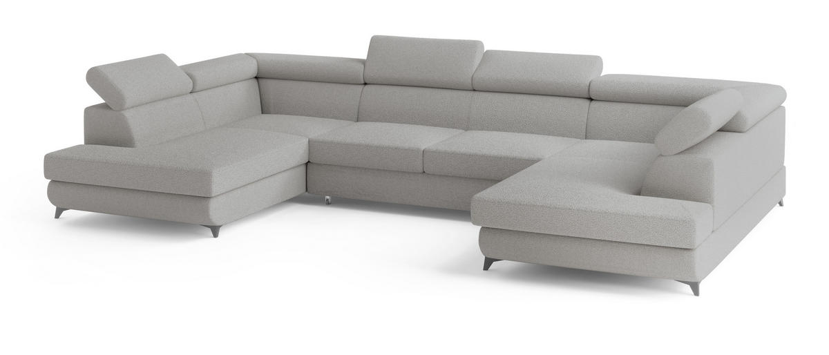 WOHNLANDSCHAFT VINTESSA Hellgrau Boucle-Stoff mit Schlaffunktion - Hellgrau, Holz (323/89/190cm) - MASSENO