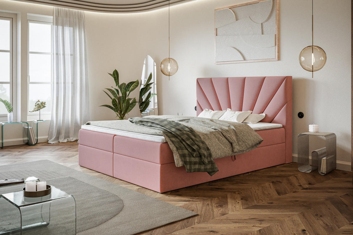 BOXBETT DENVER mit 2 Bettkästen, 120x200, Farbe: Rosa, Velourstoff, Doppelbett mit Bonell-Matratze - Rosa, Holz/Kunststoff (120/200cm) - Alpi-Möbel