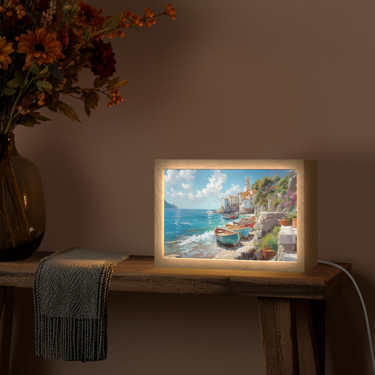 NÁSTĚNNÁ LAMPA Lodě - skály - moře - slunce 30x20 cm - modrá, kompozitní dřevo (30/20/8cm) - OnlyWow