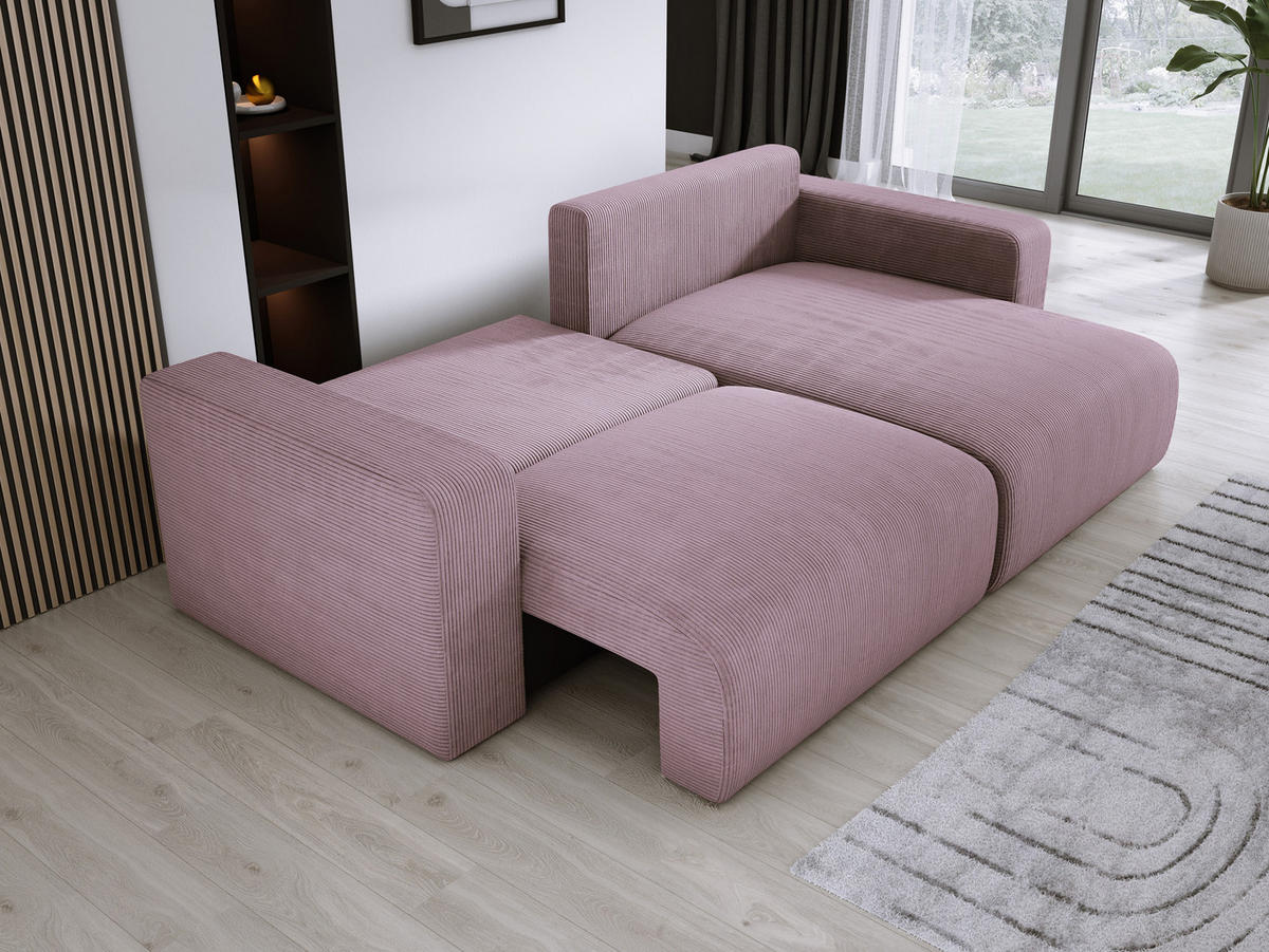 ECKSOFA Carl L-förmig Schlaffunktion und Bettkasten weicher Cordstoff flexibel stellbar lose Rückenkissen freistehend RECHTS 247x143x83cm Light rose - Hellrosa, Holz/Textil (247/143cm) - DomoHome