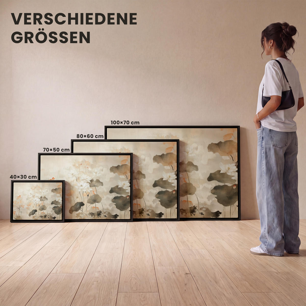 LEINWAND Bilder mit Rahmen - Blumen - Japandi - Wabi sabi - 100x70 - Sandfarben, Textil (100/70cm) - MuchoWow