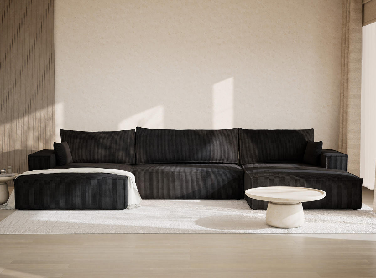 WOHNLANDSCHAFT Kyoto Anthrazit Samtstoff - Anthrazit/Schwarz, Holz/Holzwerkstoff (398/70/148cm) - Maison de Reve