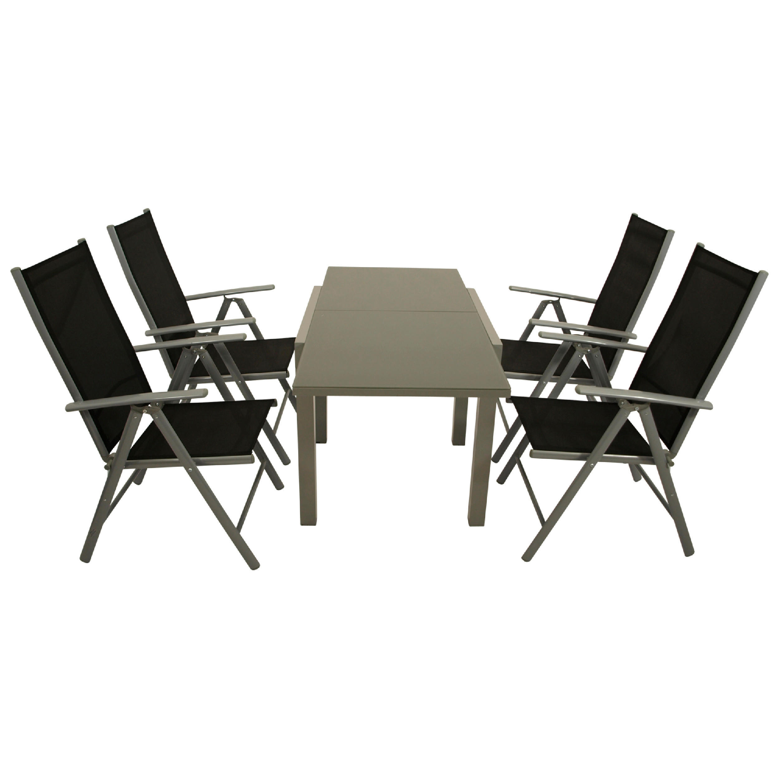 GARTEN-GARNITUR Ashford - 5-teilige Garten-Essgruppe (4x Klappsessel mit Aluminiumgestell grau, Bespannung Textilene schwarz - Schwarz, Metall - TPFGarden