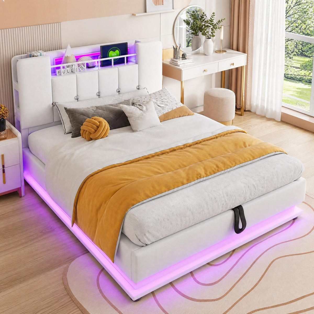 POLSTERBETT 90/200 mit Stauraum, LED, USB-Anschluss und hydraulischem Hebemechanismus in Beige - Beige, Holzwerkstoff/Textil (90/200cm) - EVRYAE