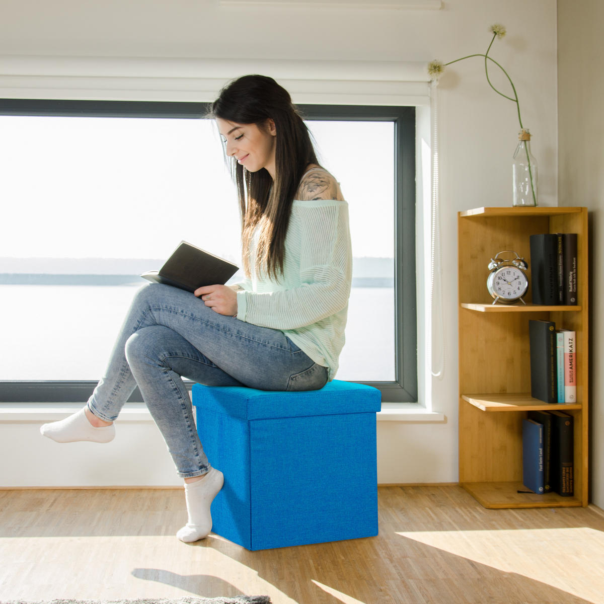 FALTBARER Sitzhocker - Blau, Holzwerkstoff/Textil (38/38/38cm) - Relaxdays