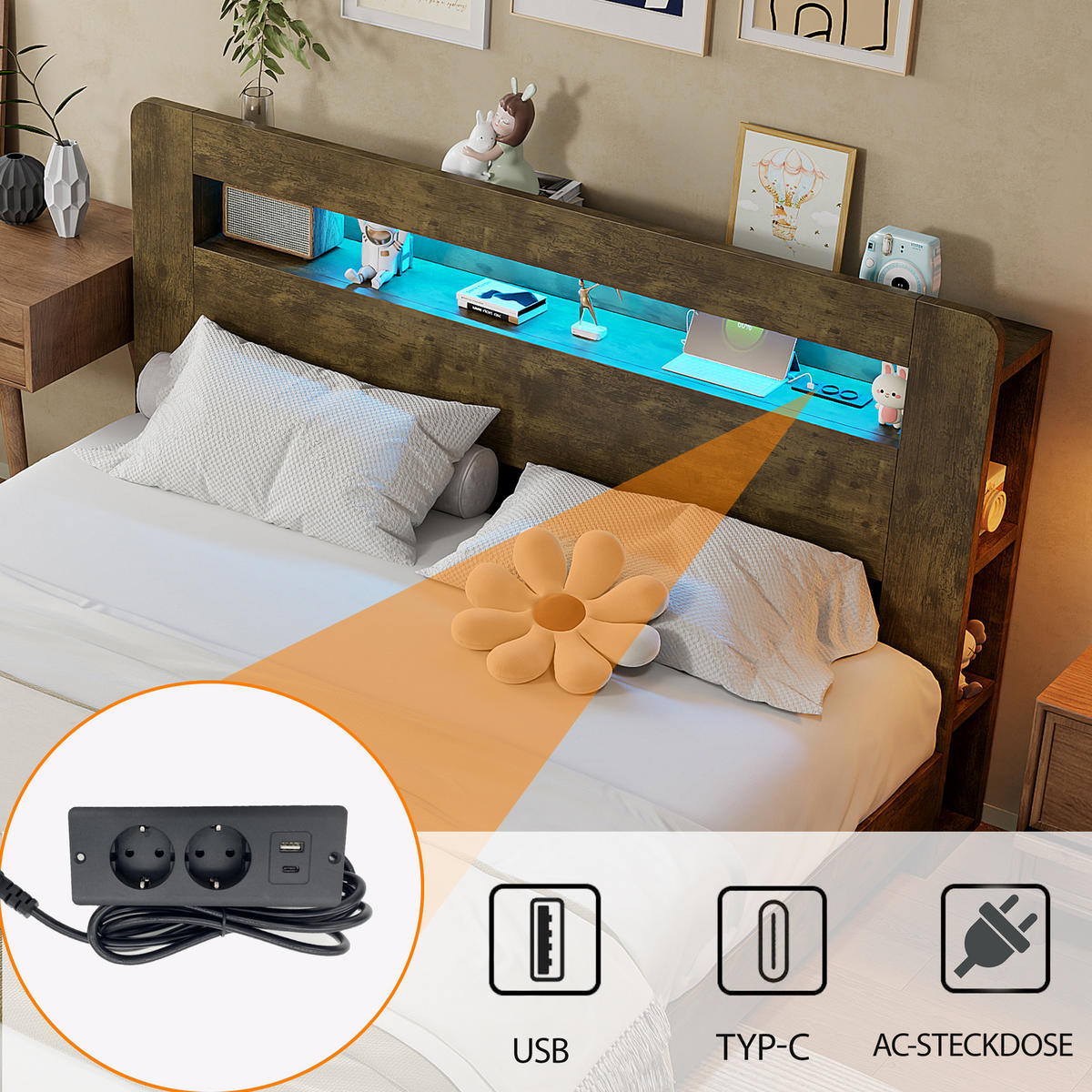 BETT 140/200 cm in Vintage-Holz mit Stauraum, LED und Steckdosen - Nussbaumfarben, Holz/Holzwerkstoff (140/200cm) - WISHDOR