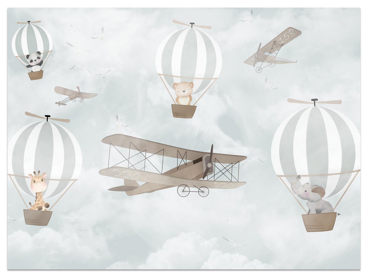 FOTOTAPETE für Kinderzimmer Ballons Tiere Wolken Flugzeuge Fantasie Retro 350x256 - Beige/Braun, Papier (350/256cm) - Muralo
