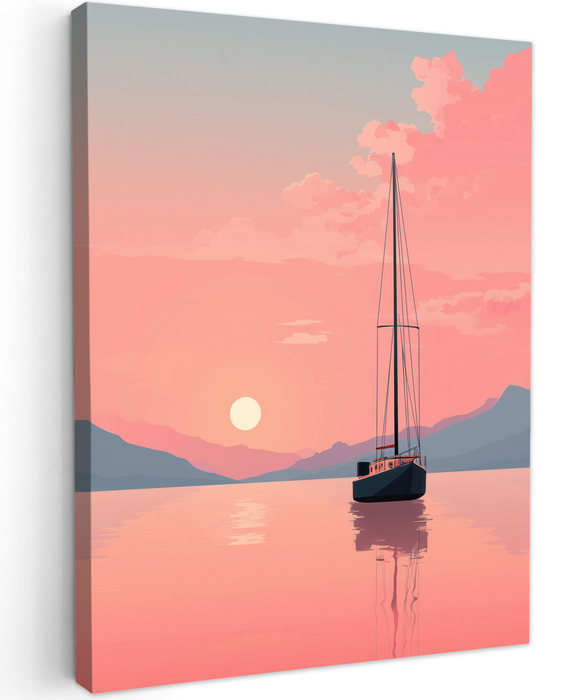 LEINWANDBILD Segelboot - Rosa Meer - Sonnenuntergang - Berge Wandbild Wohnzimmer 60x80 cm - Rosa, Textil (60/80cm) - MuchoWow