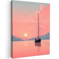 LEINWANDBILD Segelboot - Rosa Meer - Sonnenuntergang - Berge Wandbild Wohnzimmer 60x80 cm - Rosa, Textil (60/80cm) - MuchoWow
