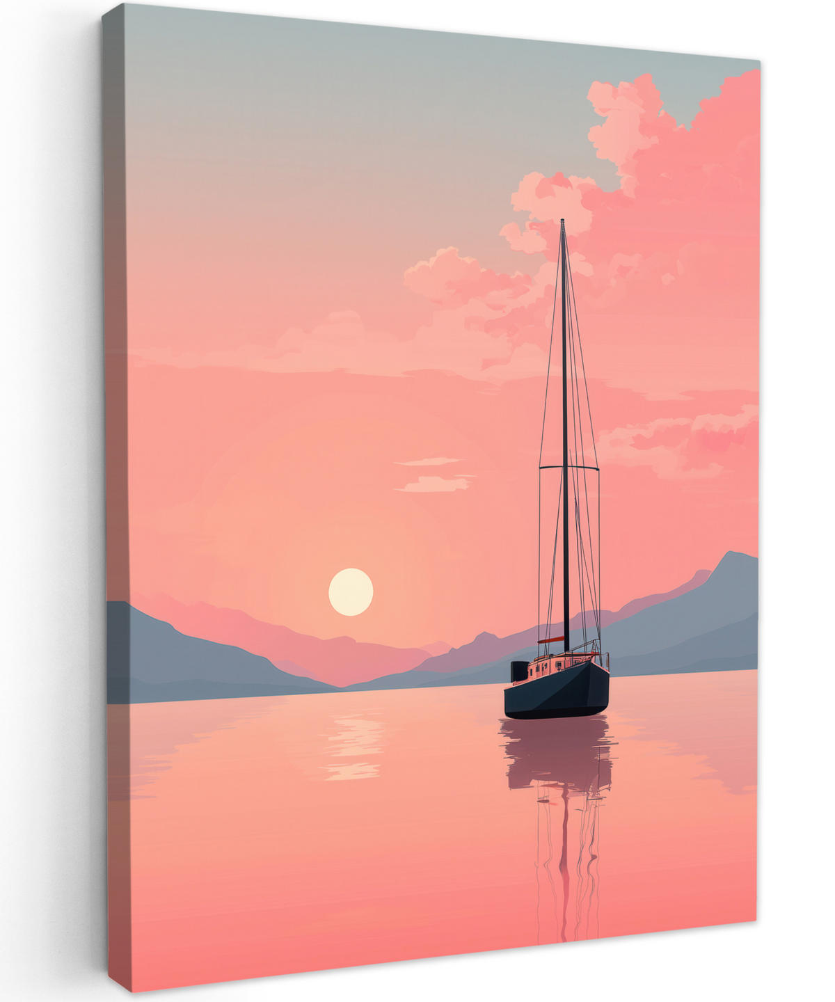 LEINWANDBILD Segelboot - Rosa Meer - Sonnenuntergang - Berge Wandbild Wohnzimmer 60x80 cm - Rosa, Textil (60/80cm) - MuchoWow