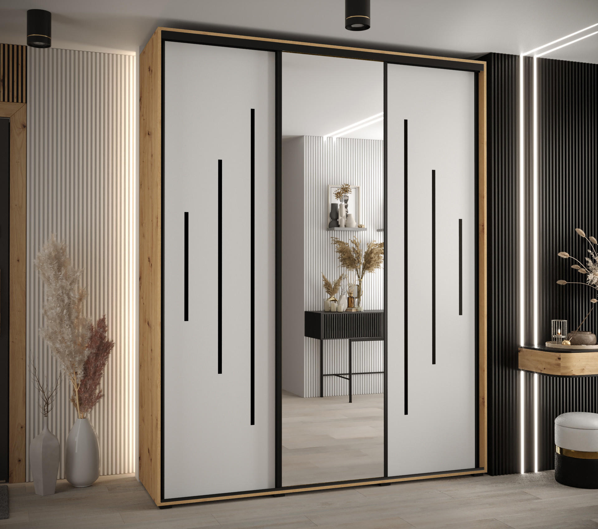 SCHWEBETÜRENSCHRANK 235,2/200/60 3-türig - Schwarz/Weiß, Holz/Metall (200/235/60cm) - Abiks Möbel