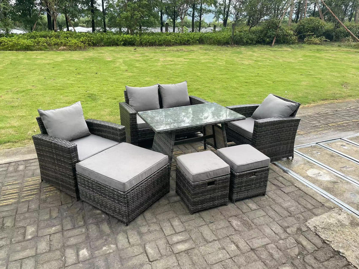 GARTENTISCHGRUPPE Polyrattan 7-Sitzer - Dunkelgrau/Grau, Glas/Kunststoff - Fimous