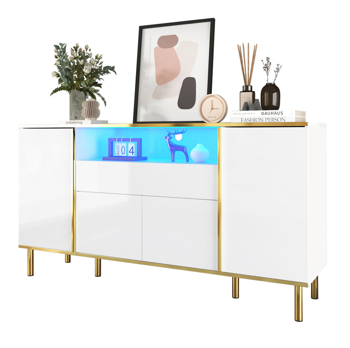 SIDEBOARD 150/40/80 cm Weiß aus MDF und Spanplatte mit LED-Beleuchtung - Weiß, Holzwerkstoff (40/80/150cm) - OKMYHOME
